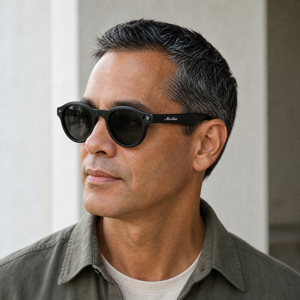 Cyrille eyewear, three-quarter side view showing the temple and hinge
