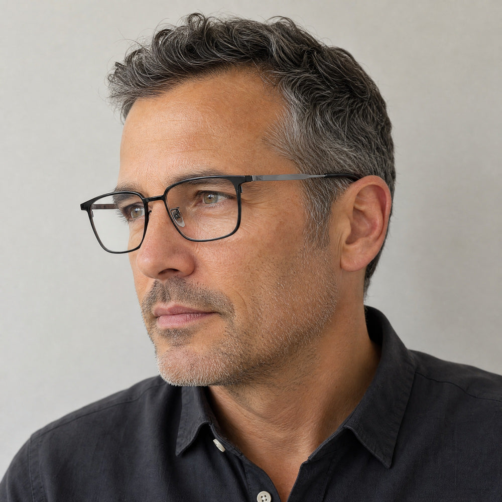 Damien eyewear, three-quarter side view showing the temple and hinge