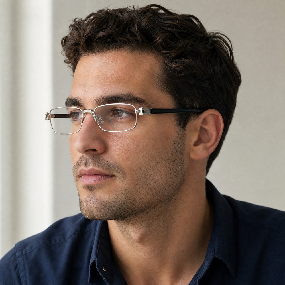 Vianney eyewear, three-quarter side view showing the temple and hinge