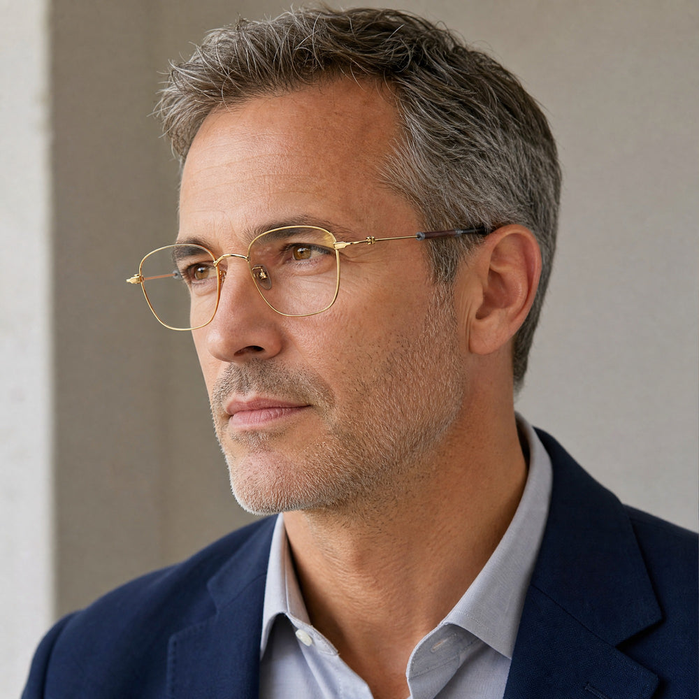 Auguste eyewear, three-quarter side view showing the temple and hinge