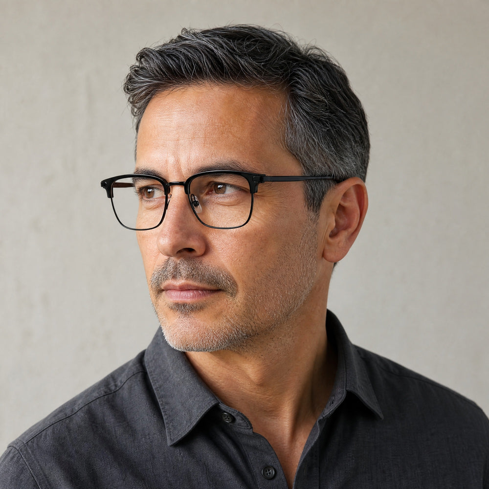 Étienne eyewear, three-quarter side view showing the temple and hinge