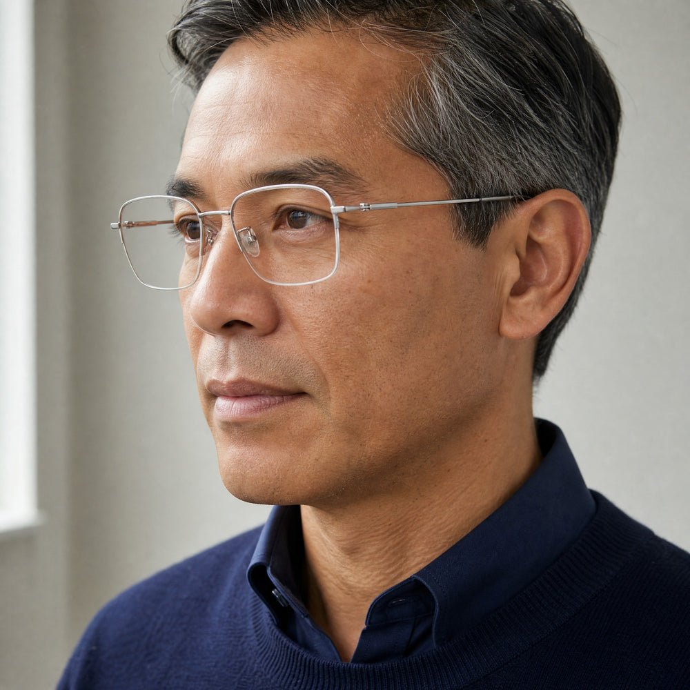 Sébastien eyewear, three-quarter side view showing the temple and hinge
