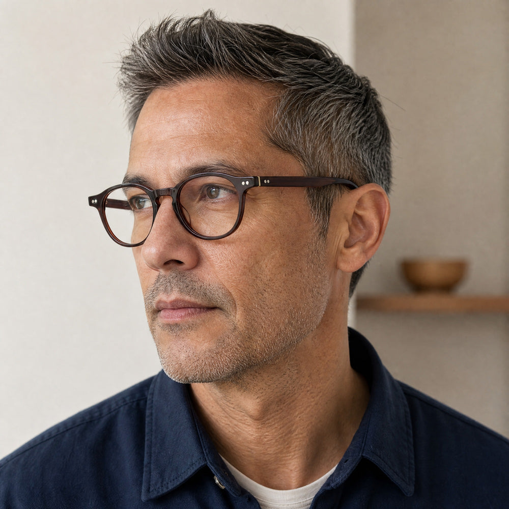 Victor eyewear, three-quarter side view showing the temple and hinge