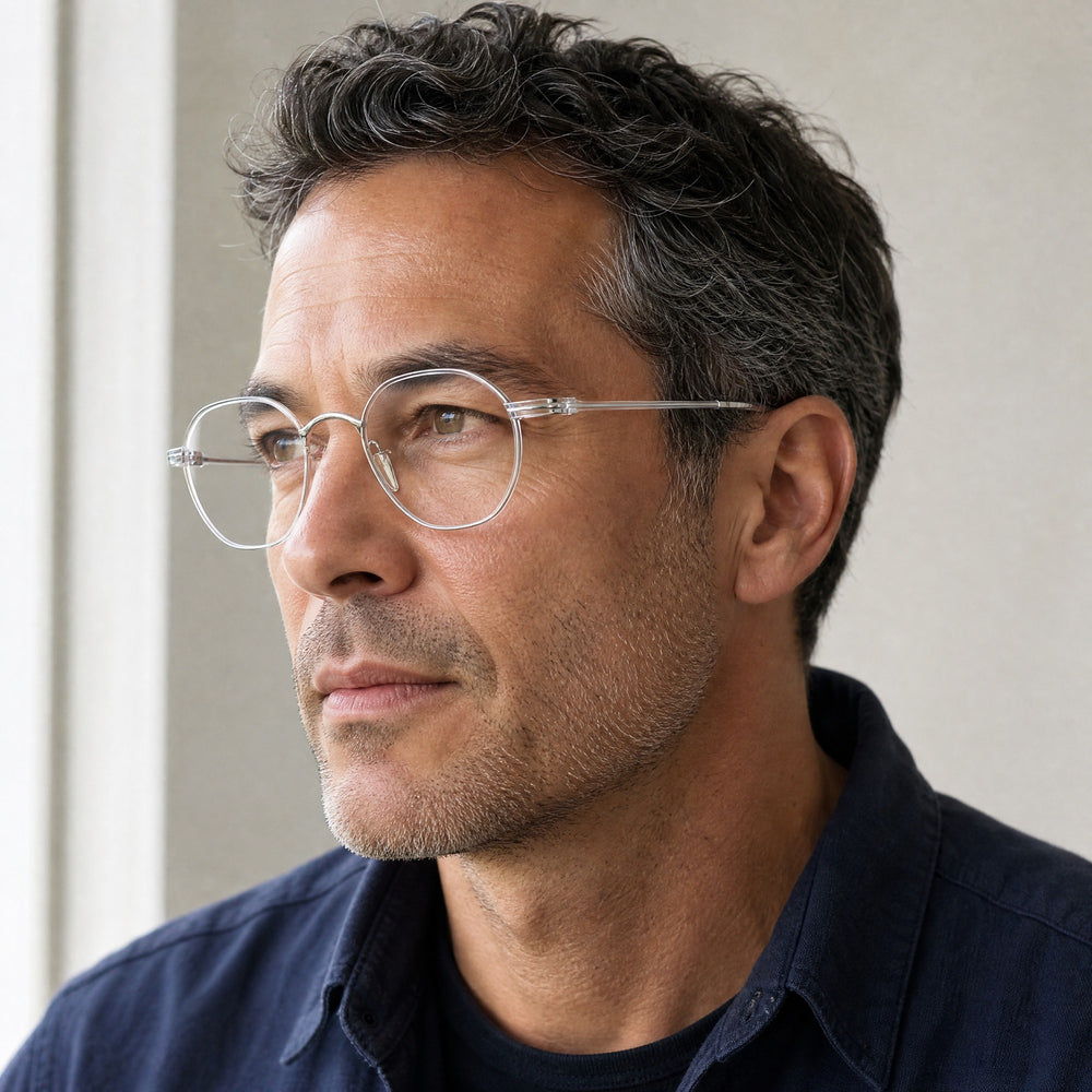 Lucien eyewear, three-quarter side view showing the temple and hinge