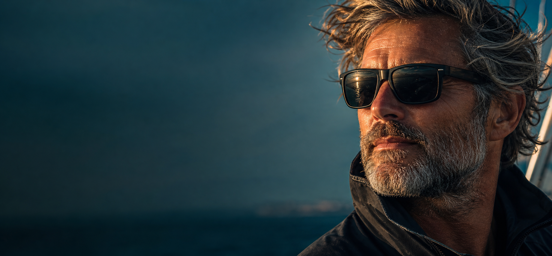 Man wearing dark sunglasses during a coastal outdoor adventure
