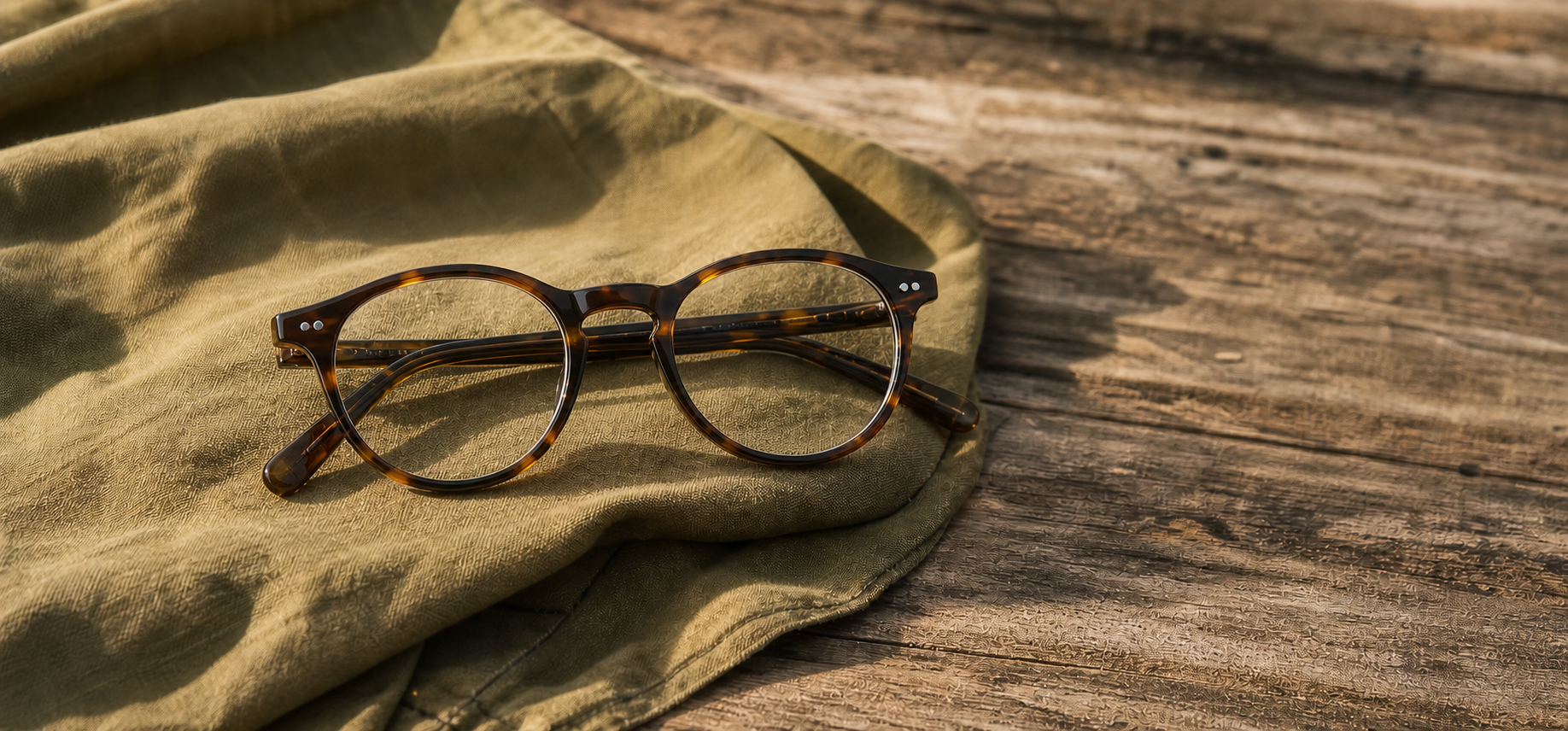Tortoiseshell eyeglasses resting on olive fabric over a wooden surface